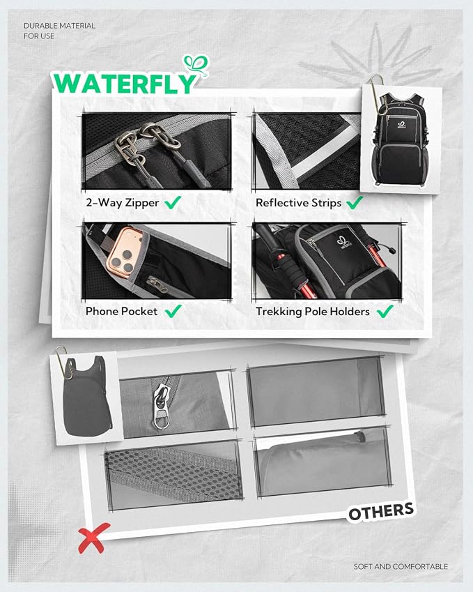 WATERFLY Packable Hiking Backpack, 20L Small Lightweight Foldable Daypack | Phone Pocket, Only 3 Steps Foldable, Breathable Shoulder Strap, Comfortable Folding Bag Pack for Women Men Travel Outdoor