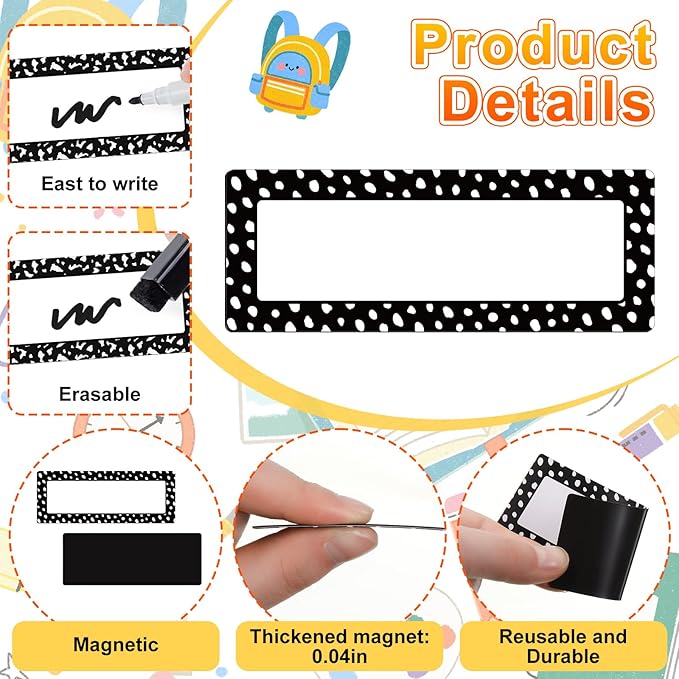 Eaasty 48 Pcs Dry Erase Magnetic Label Back to School Magnetic Name Labels Colored Black White Composition Dots Reusable Name Tag for Whiteboard Office Home(Not Include Pen)(Dots 2)