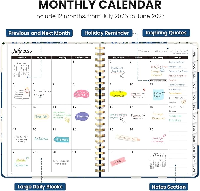 Planner 2026-2027, Monthly and Weekly Academic Planner July 2026 - June 2027, Hardcover Student Teacher Planning Agenda Calendar Book with Tabs, Perfect for Office School Supplies, A5 (6.3" x 8.5") - Petal Array