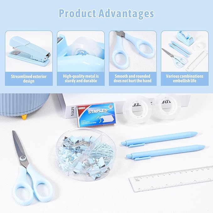 Gawsey Desk Organizers and Accessories Set with 360-Degree Rotating Pen Holder, Tape Dispenser, Stapler, Staple Remover, 1000 Staples, Tape, Clips Set, Ruler, Scissor, Pen (Blue)