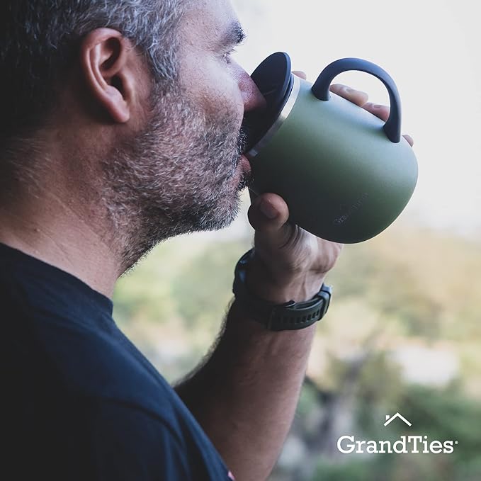GRANDTIES Insulated Coffee Mug with Handle - Sliding Lid for Splash-Proof 16oz Wine-Glass Shape Thermal Tumbler with Double Walled Vacuum Stainless Steel to Keeps Beverages Hot or Cold-Olive Green