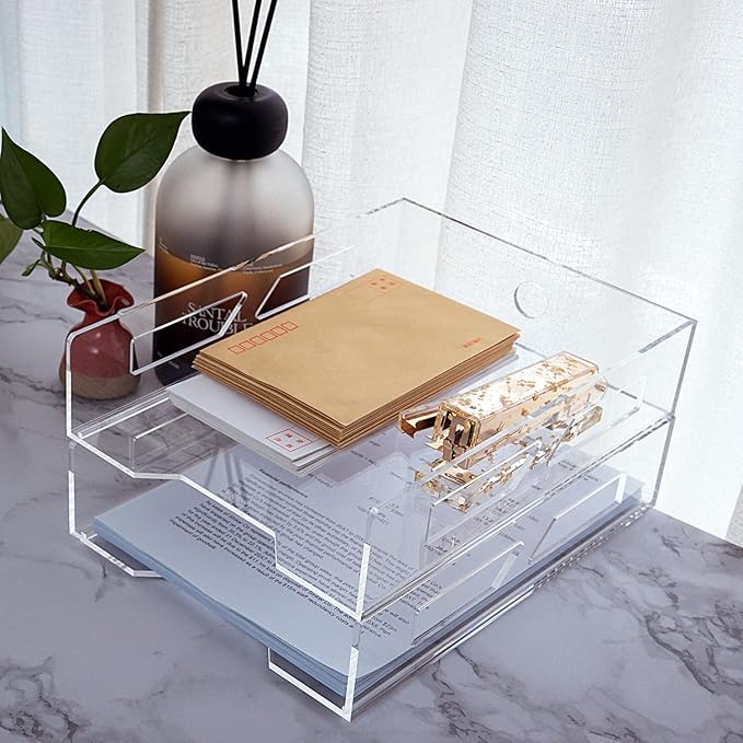 Acrylic Letter Tray Two-Tier A4 Size, Clear Stackable Paper Trays, File Paper Holder, Desktop File Organizer, Stackable Document Organizer, Workspace Letter Tray