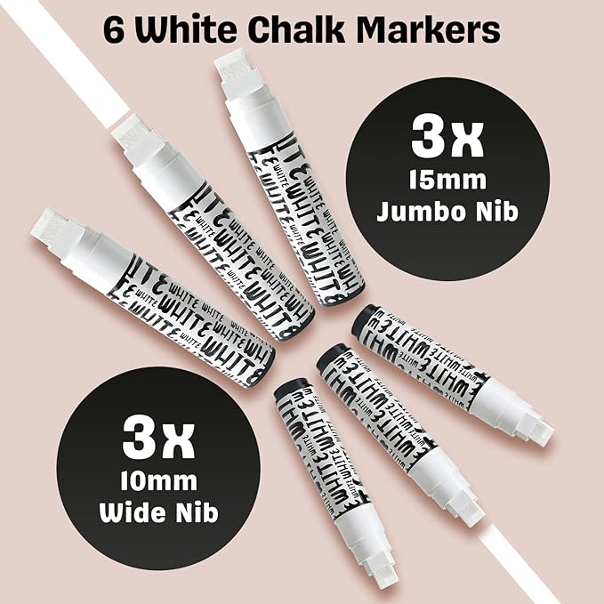 Chalkola White Window Markers for Cars Glass Washable - (6 Pack | 3x10mm + 3x15mm) | Jumbo Liquid Chalk Markers for Blackboard, Chalkboard, Auto, Bistro Board — 3 in 1 Wide Nib Chalk Paint Pens White