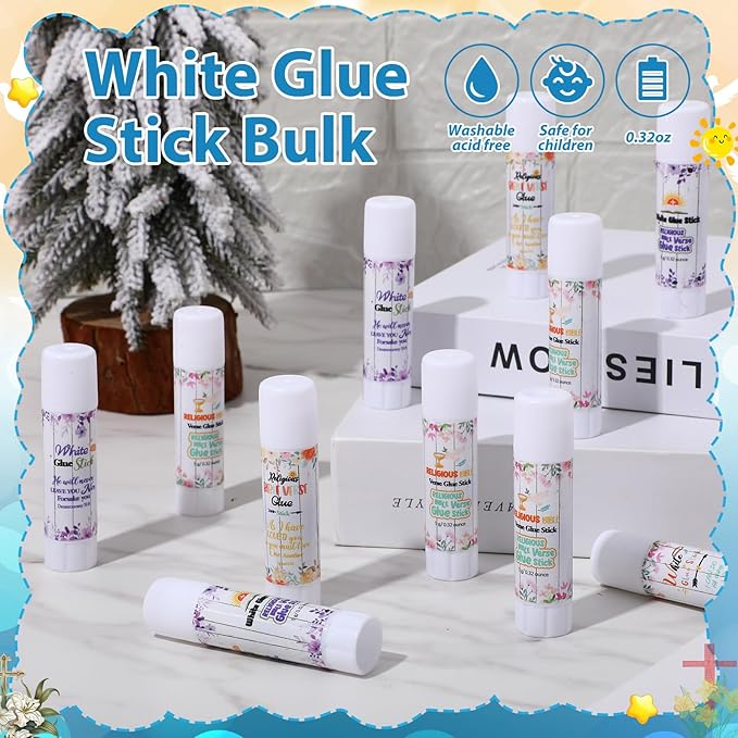 Zubebe 200 Pcs White Glue Stick Bulk Back to School Gifts First Day Sets 0.32 oz Washable Glue Stick for Crafts Home Classroom Prize Party Supplies Scrapbooking Crafting Supplies (Bible)