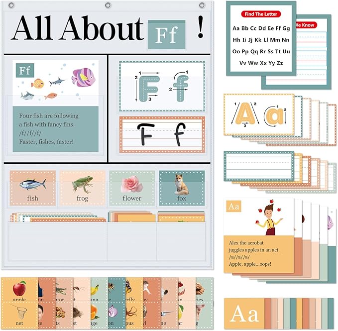 All About Letters Pocket Chart with 99 ABC Flash Cards, Letter of The Day/Week Daypocket Chart, Letter Tracing Learning Educational Wall Chart Preschool Classroom Homes, 34" X 27"White