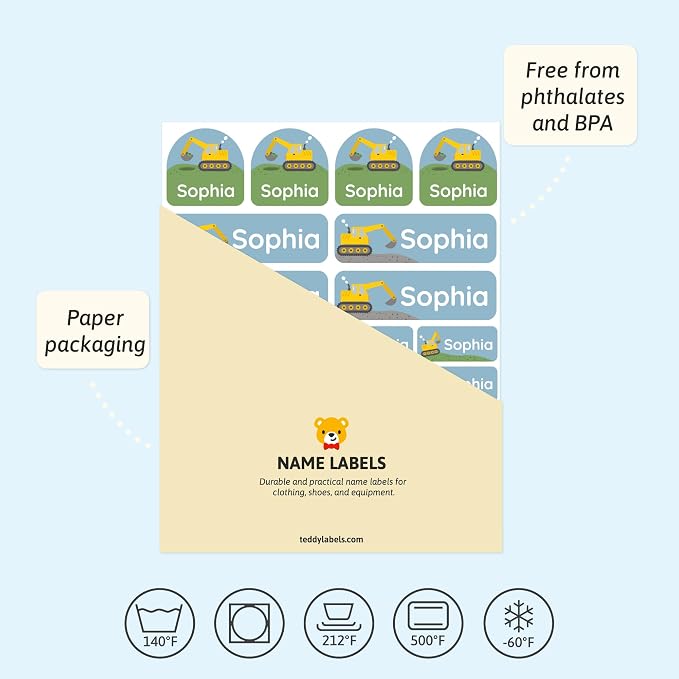 Personalized Daycare Name Labels (84) – Daycare Labels & Name Stickers for Kids – Labels for Kids Stuff Daycare – Waterproof for Baby Bottles, Clothing & Lunch Boxes - Excavator