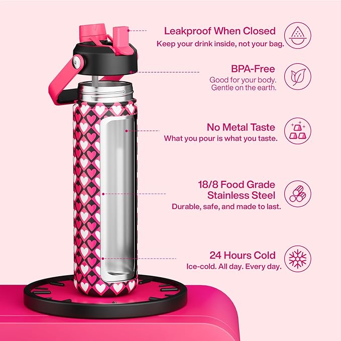 ENCOOL Insulated Water Bottle with Straw Stainless Steel Water Bottle, Leak-Proof, BPA-Free, Keeps Cold for 24 Hours for Sports, Travel, School (26 oz, Bold Hearts Mono x Red)