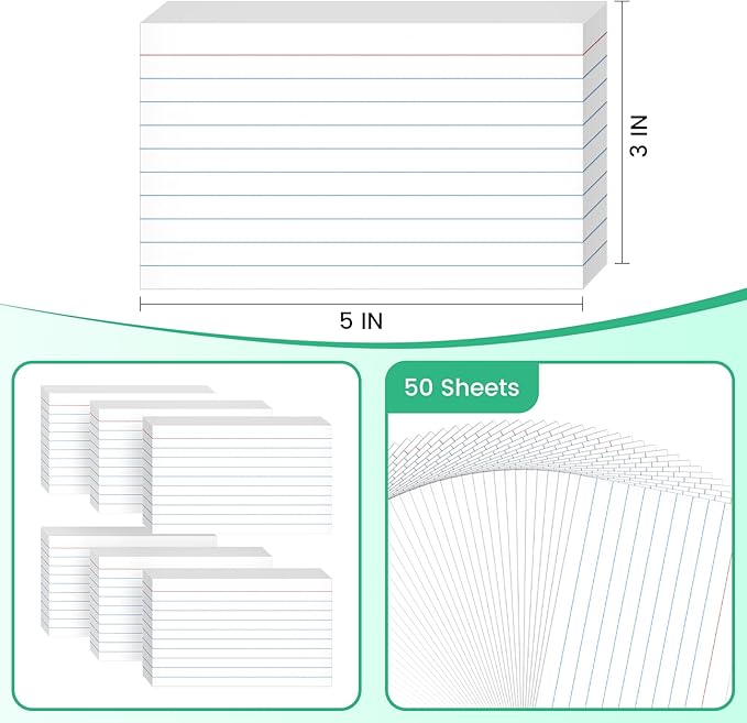 300 Count White Ruled Index Cards, 3x5 Inch Lined Study Flash Cards - 6 Pads, 50 Cards per Pad, Narrow Ruled Note Cards for School, College, Learning, Flashcards with Lines for Notes