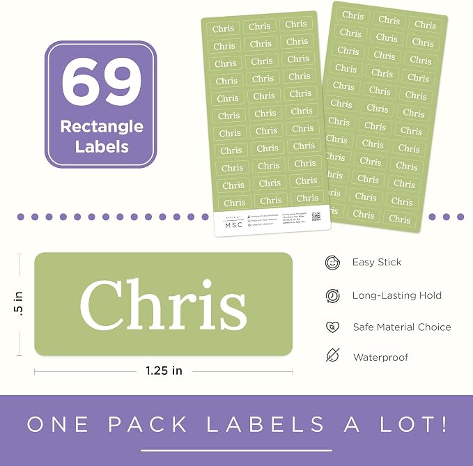 Personalized Clothing Labels for Kids, Nursing Home, Daycare and Personal Items, Custom Name Tags for Clothes Stickers, 1.5X.5 Inches Made in The USA by MSC