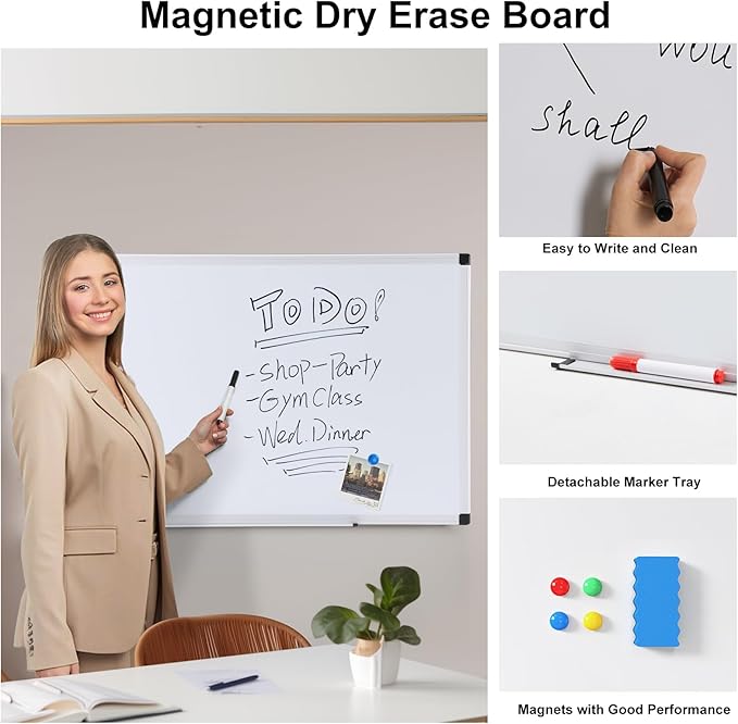 OLIXIS White Board, Dry Erase Board for Wall 36" x 24", Whiteboard with 1 Dry Eraser & 2 Multicolor Markers & 4 Magnetic Pins, Aluminium Frame for Home, School, Office, White