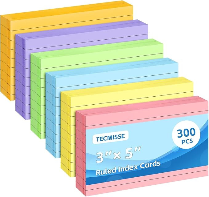 Tecmisse 300PCS 3x5 Index Cards Colored, Ruled Index Cards Colorful, Lined Flash Cards for Studying, Heavy Note Cards for Office, Home and School