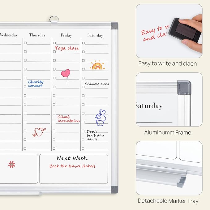 ONAVIA Weekly Calendar Dry Erase Board for Wall, Hanging 24"×18" Double-Sided Magnetic Whiteboard, Hanging White Board for Planning, Drawing, Memo, to Do List, School, Home, Kitchen, Office