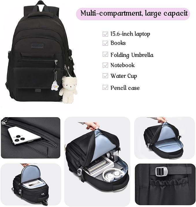 PRLINJSK Girls Backpack for College High Middle School Student, Cute Aesthetic Bookbag for Teens Women with Accessories,Black