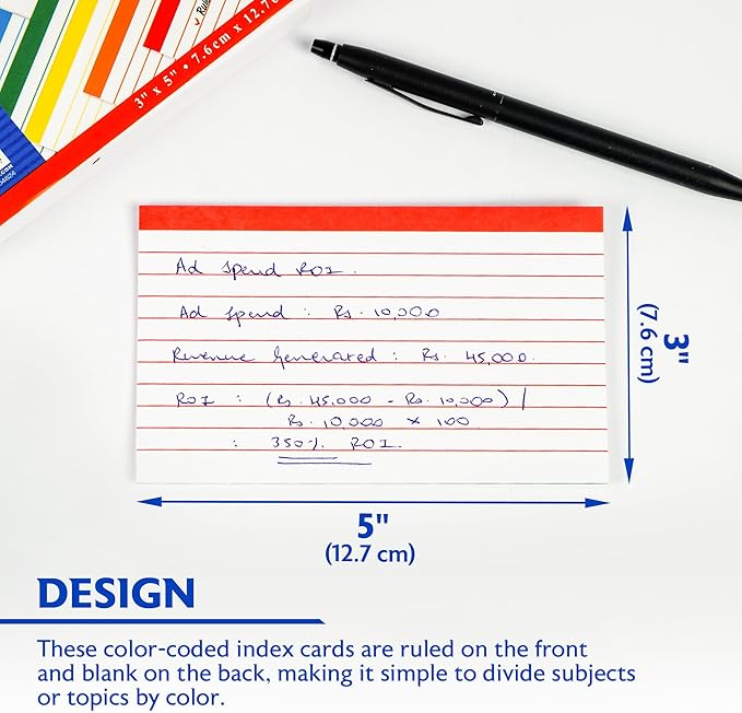 BAZIC Products Ruled Color Coded Index Card 3" X 5", Ruled Lined Card for Learning Memory Reminder, 100 Count