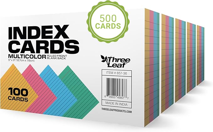 THREE LEAF 3 X 5, INDEX CARD RULED, 500 CT. (100 x 5) COLORED, Ruled Flash Cards, Study Card, Memo Pad, For To-Do List, Art And Craft Projects
