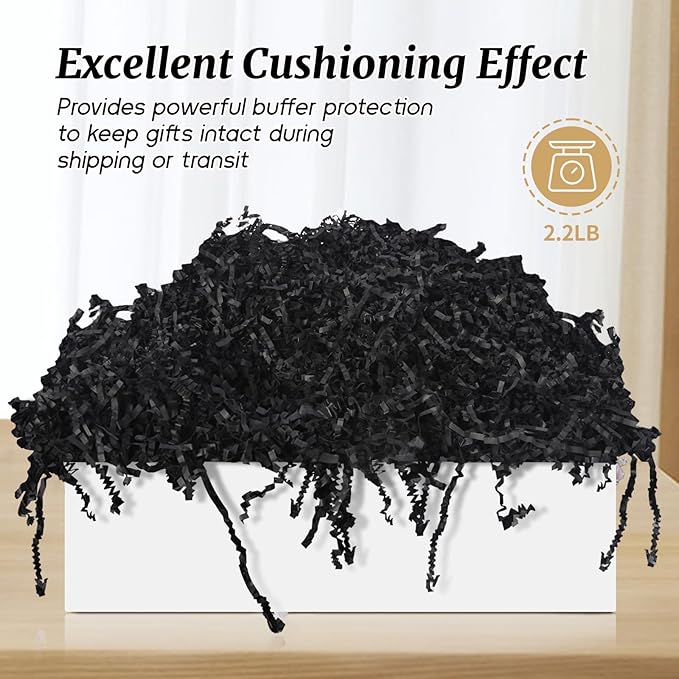 CANIYA 2.2 LB Black Crinkle Cut Paper Shred Filler, Shredded Paper Filling for Gift Basket, Filler Paper for Birthday, Wedding, Anniversarie