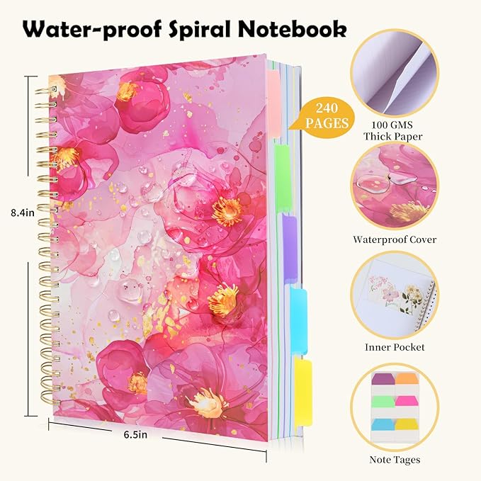 5 Subject Notebook College Ruled, A5 Spiral Notebook with Removable Pocket Dividers Tabs, Lined Organizer Notebook Journal for Women, 240 Pages Notebooks for Work School Note Taking, Pink Floral