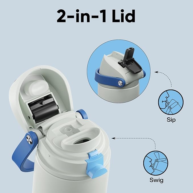 Insulated Water Bottle with Straw - Encool Stainless Steel Water Bottle with Push Button Lid, Leak-Proof & BPA-Free, Keeps Cold for 24 Hours for Sports, Travel, Gym (24 oz, Quill Grey-Blue)