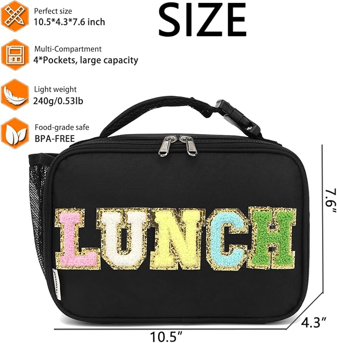 GYEUKHAM Insulated Lunch Box for School, Thermal Reusable Durable Freezable Lunch Bags for Kids Boys Girls Men Women - Small Soft Cooler Portable Lunch Tote Kit for Work Picnic Travel,Black Alphabet