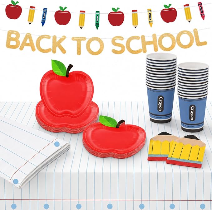 Alphatool Back to School Party Tableware Decoration Set Serves 24 Guests | 24 Set Paper Plates Pencil Napkins Cups, 2 Pcs Tablecloths and Banners for First Day of Preschool