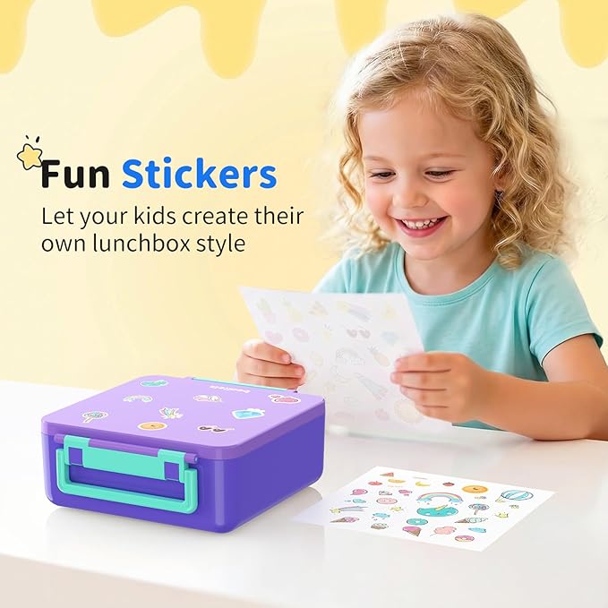 Bento Box for Kids, Lunch Box with Sticker for School | DIY Sticker Fun, Quick Lunch Packing, 4-Compartment Design, Insulated Food Jar, BPA-Free, Leak-Proof