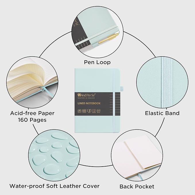 &And Per Se Lined Journal and Pen Set, A5 Leather Hardcover Notebook with Pen & Stationary Set, 160 Pages 100GSM Thick Ruled Paper Journal for Business Work Writing (Cyan)