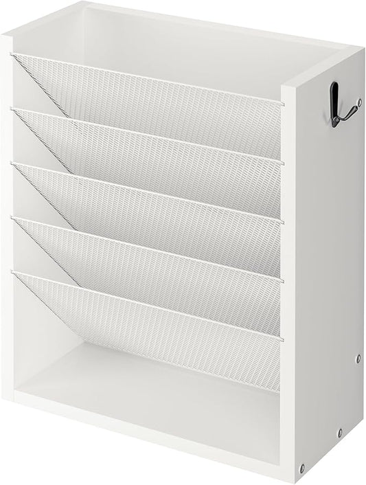 Creso hom Mail Organizer Wall Mounted, 6-Tier Wall File Organizer with 2 Hooks, Wooden Desk Organizer Magazine Holder with Bottom Flat Tray, for Office Home, White