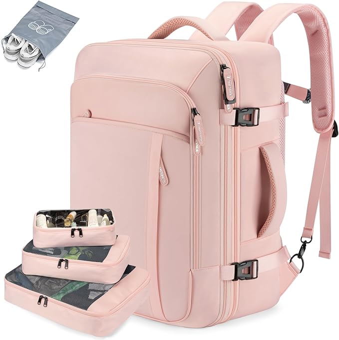 Lumesner Carry on Travel Backpacks, Extra Large 40L Flight Approved Bag for Men & Women,Expandable Suitcase Backpack With 4 Packing Cubes,Water Resistant Luggage Daypack Business Weekender Bag, Pink