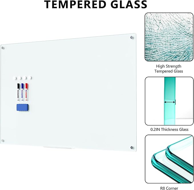 Magnetic Glass Whiteboard for Wall, 48" x 32" Large Dry Erase Board, Frameless Wall-Mounted White Board School, Classroom, Office & Home