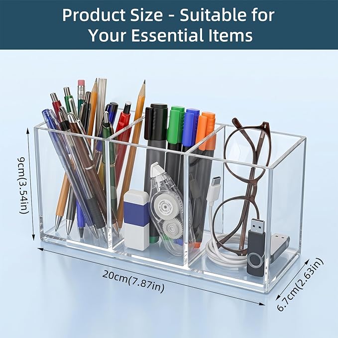 Acrylic Pen Holder, Clear Makeup Brush Holder for Vanity, 3-Compartment Desk Organizer for Office and Bathroom, Pencil Cup Stationery Organizer