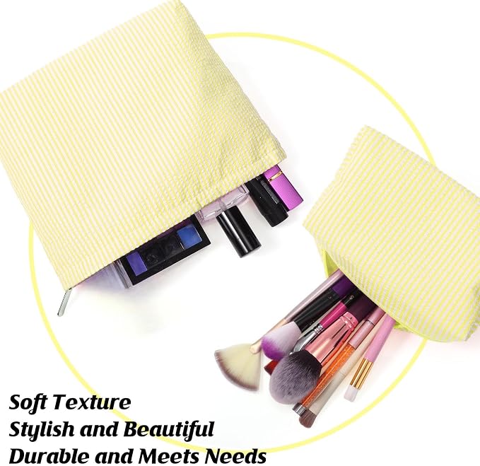 Huhumy 2 Pcs Makeup Bag Set for Women, Yellow, Thin Striped Seersucker | Cute Cosmetic Pouch Women Travel Toiletry Bag Preppy Small Makeup Purse Pouch Aesthetic Skincare Brushes Storage Organizer