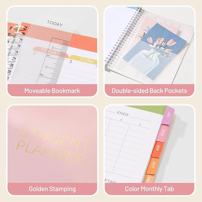 Student Planner 2026-2027, SUNEE Academic Weekly & Monthly Plan Book, Jul. 2026 - Jun. 2027, 6.5"×8.3" Middle & High School Planner, Lesson Plan Book with Week's Goals, Bookmark, Monthly Tabs, Pink