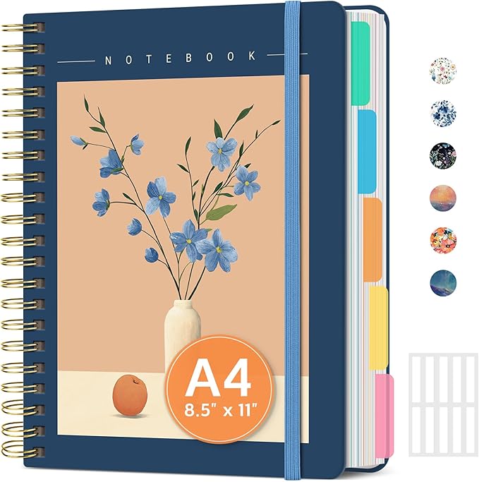 Large Spiral Lined Notebooks for Work with Removable Dividers & Tabs, 8.5"x11" Pretty Hardcover 5 Subject Notebook Journal for Women, College Ruled, Perfect for Study & Office Organization, 280 Pages, Soft Balance