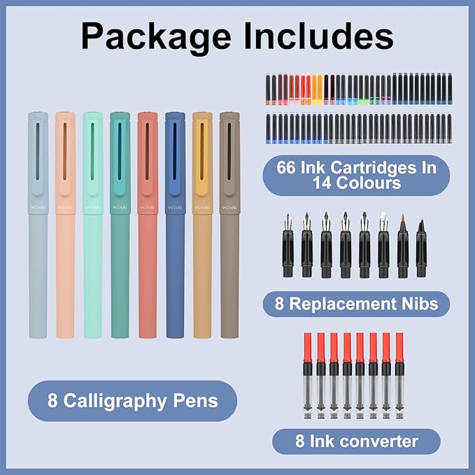 GC QUILL Calligraphy Pen Set 74pcs- 8 Calligraphy Fountain Pens with Varied Nibs, 66 Ink Cartridges(14 Colors)-Writing, Drawing, Calligraphy Practice for Beginner GC-F866
