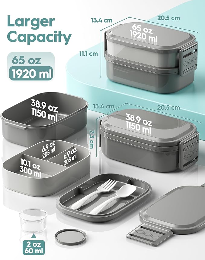 BiuLeon Bento Box Adult Lunch Box, 65 Oz Capacity Lunch Containers(Adjustable 2/3 Tier), BPA-Free, Leak-Proof and Stackable Bento Lunch Box, Microwave & Dishwasher Safe with Utensils(Gray)