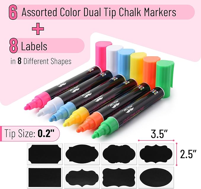 Mr. Pen- Liquid Chalk Markers, 6 Pack, Reversible Tip, Vibrant Colors, Erasable Chalk Marker, Non-Toxic Water-Based Chalkboard Markers for Window and Glass, Washable Window Paint Marker
