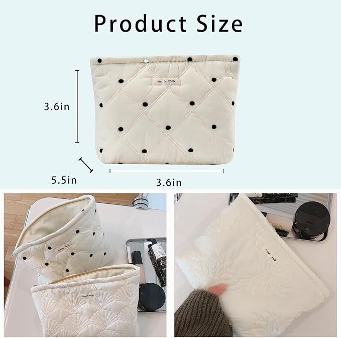 uekeboag White Quilted Cotton Makeup Pouch, Cosmetic Bag (01White Dots) | Coquette Quilted Toiletry Bag for Women and Girls, Coquette Organizer Bag ,Aesthetic,Travel Essentials