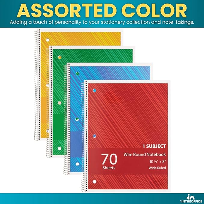 1InTheOffice Spiral Notebook College Ruled 10.5 x 7.5, 1-Subject College Ruled Notebooks, Wirebound Spiral Notebooks, 3-Hole Punched, 70 Sheets, Assorted Colors, 8 Pack