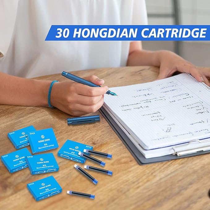 Asvine Hongdian Fountain Pen Blue Ink Cartridges, Set of 30 Refill Ink Cartridges, 3.4 mm Bore Diameter