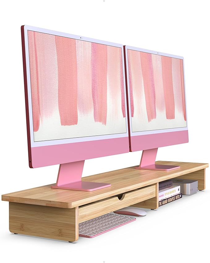 Bamboo Monitor Stand with Large Storage Drawer, 42 Inch Ergonomic Computer Riser for Desk, Screen Shelf with 5 Compartments for Keyboard & Stationery Organization Keyboard Storage