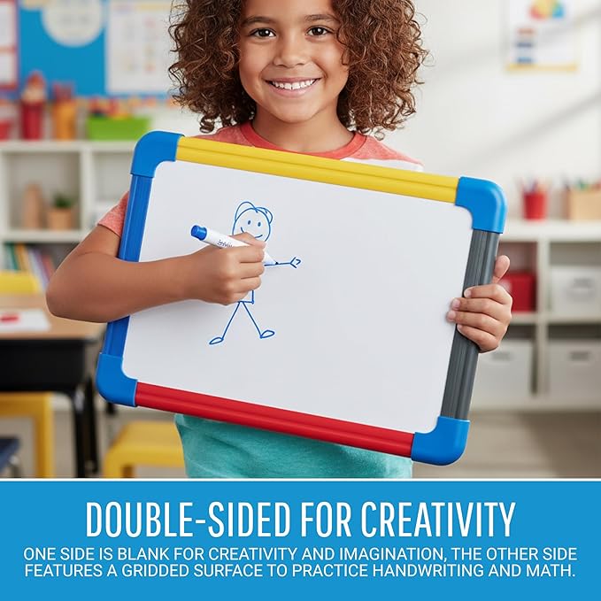 MasterVision Schoolmate Small Dry Erase Lap Whiteboard, 16" x 12", Magnetic Lap Board, Multi-Colored Frame, Double Sided White Board (Blank/Gridded), for Kids, Students, Schools