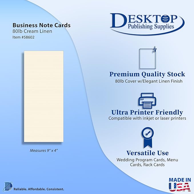 80lb Cream Linen Textured 4" x 9" Business Note Cards - 100 Blank Cards for Menu Cards, Program Cards, Rack Cards