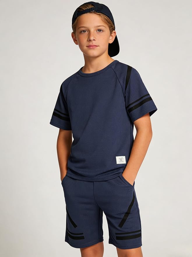 Cakaner Tween Boys Clothes Summer Simple Print T-Shirt And Shorts Set 2 Pieces Teen Trendy Outfits Size 7-14 Year
