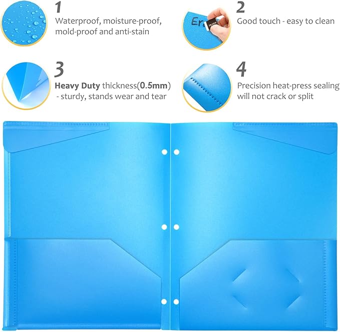 Heavy Duty Plastic Folders with Clear Front Pocket - 18PCS, 3 Pockets Folders with 3 Holes Fits 3 Ring Binder, Includes Card Slot, for Letter Size Sheets, Assorted Bright Colors