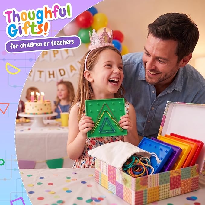 6 Pack Double-Sided Geoboard Mathematical Manipulative Material Array Block Geo Board, Educational Toy for Kids with Rubber Bands and 15pcs Pattern Card, STEM Shape Puzzle Brain Teaser Toy, 5x5 Inch