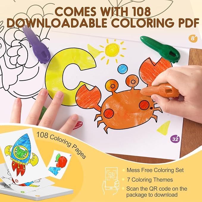 Mess Free Beeswax Crayons for Toddlers, Made with 100% Pure Beeswax-(12 Colors), Baby's First Non Toxic Washable Jumbo Crayons with 108 FREE Coloring Books PDF Pages, for Kids Ages1-3,2-4,4-8
