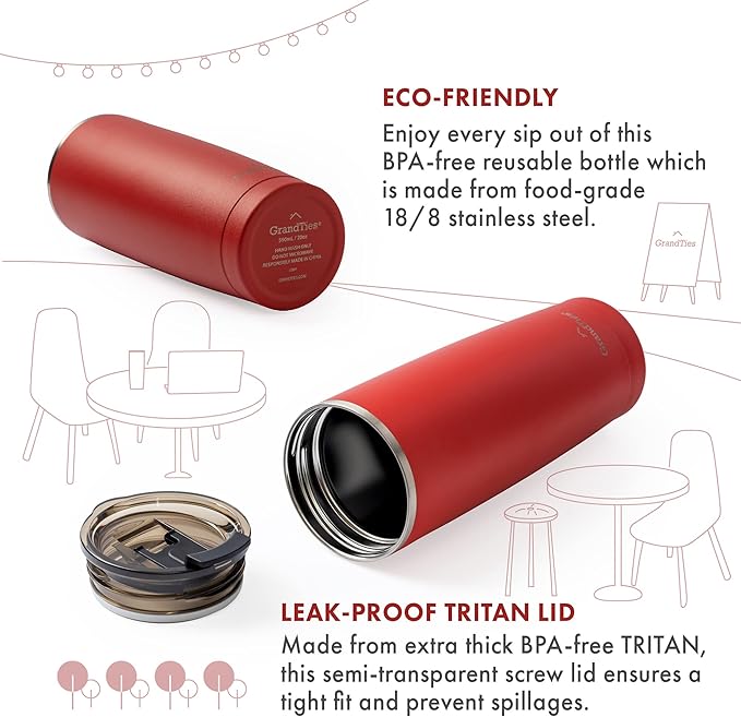 GRANDTIES Insulated Coffee Tumbler Cup w/Tritan Lid | Leak Proof, Reusable, Double Walled Vacuum Stainless Steel Water Bottle Travel Mug | Thermal Cups for Hot and Cold Drinks | 20oz | Cranberry