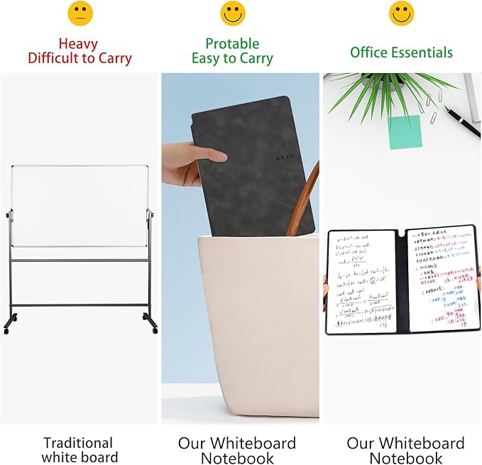 Marte Vanci Whiteboard Notebook Reusable Dry Erase Whiteboard with Pen and Wiping Cloth A5 Portable Dry Erase Pad with PU Cover White Board for Notes Lists Memo Message Presentation (Black)