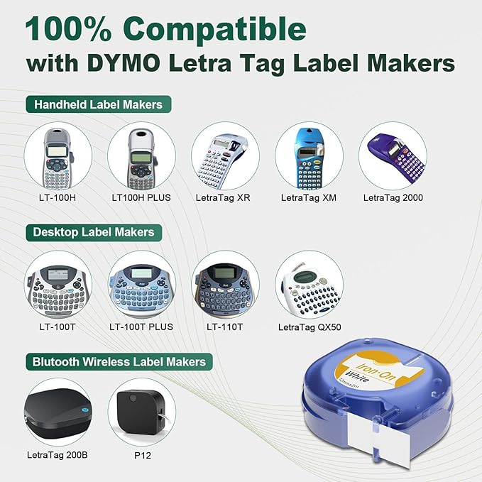 Fabric Label Tape Replace for Dymo Letratag Iron-On Fabric Labels for Clothing Compatible with Dymo Letratag Refills 1/2'' for LT-200B 100H 100T PLUS QX50 XR, 3-PK White Fabric Iron-On Tape Set