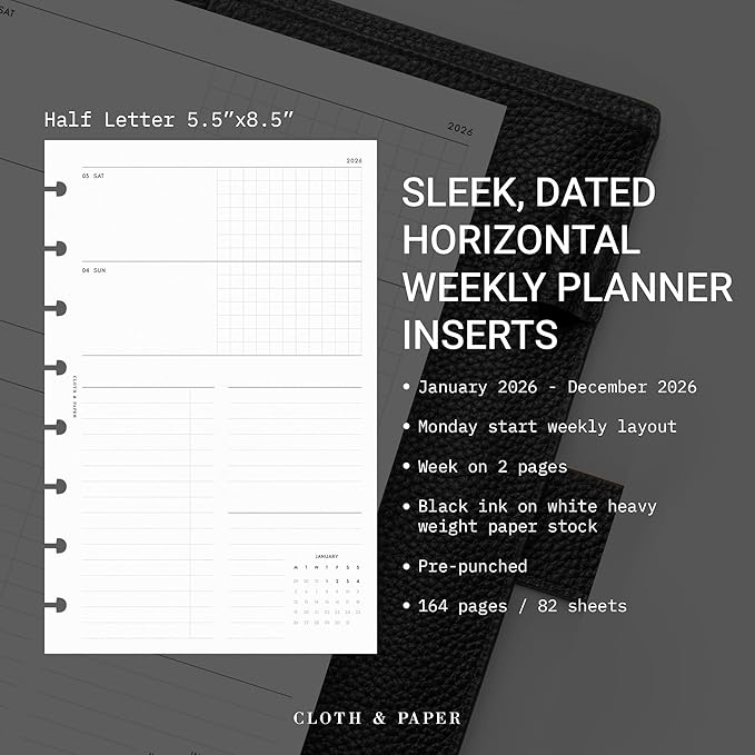 Cloth & Paper 2026 Dated Weekly Planner Inserts - Monday Start | Half Letter Size 5.5 x 8.5 Inches | 8 Discbound Punch Horizontal Weekly Layout, 214 Dated Pages | Minimal Agenda Refill